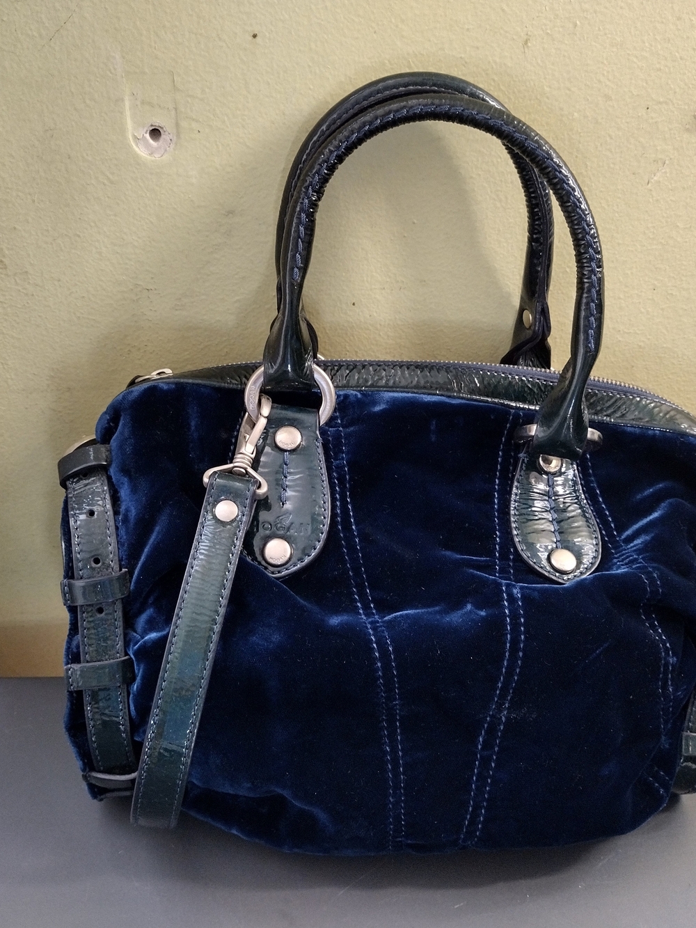 Hogan Blue Velvet Shoulder Bag with Dark Leather Trim, MADE IN ITALY